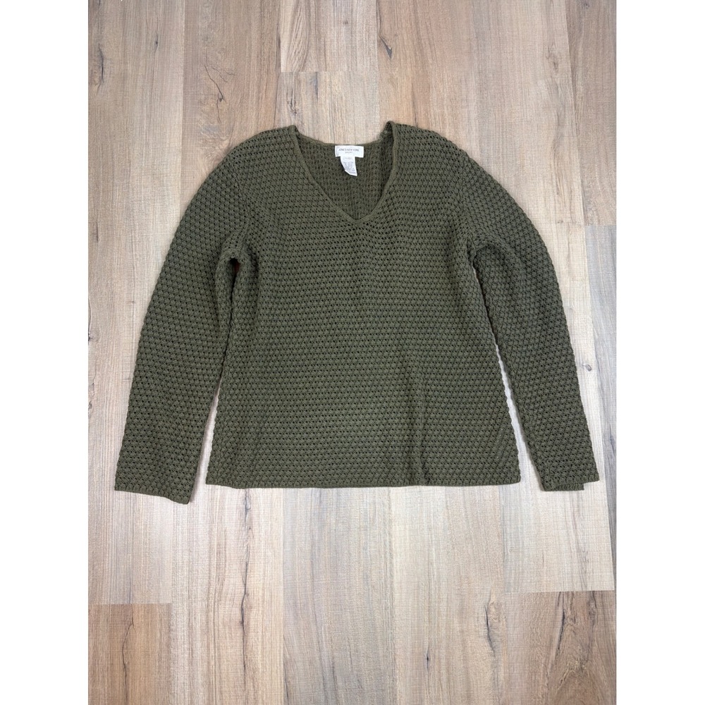 Jones New York Sport Olive Green Cotton Knit V-Neck Sweater Women Large